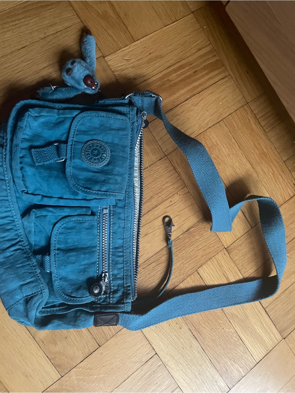 Kipling Teal Blue Crossbody Messenger Bag with Monkey Charm